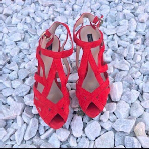 Zara Orange Strappy Velvet block Platform Sandals - Picture 3 of 8